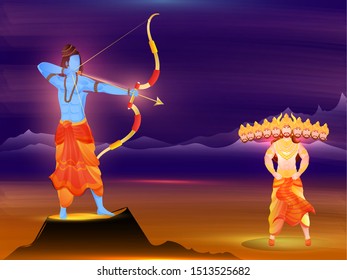 Illustration of Lord Rama killing to Ravana demon showing performance on the occasion of Happy Dussehra celebration concept.