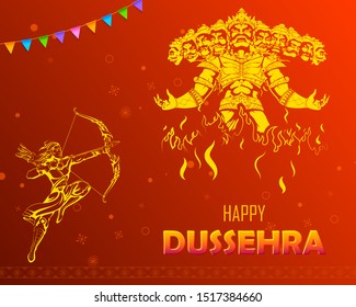 illustration of Lord Rama killing Ravana in Dussehra Navratri festival of India poster