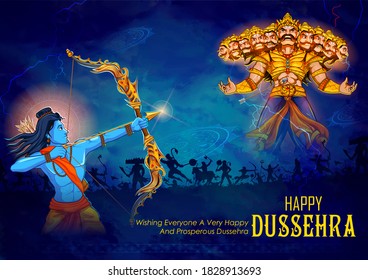 illustration of Lord Rama killing Ravana in Dussehra Navratri festival of India poster