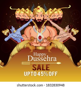 illustration of Lord Rama killing Ravana in Dussehra festival of India with Hindi text and background.
