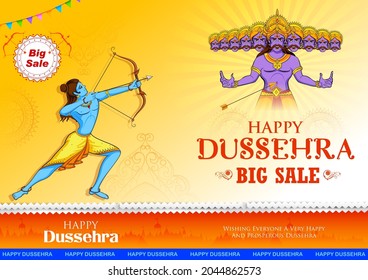 illustration of Lord Rama killing Ravana in Dussehra Navratri festival of India poster