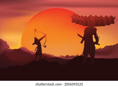 illustration of Lord Rama killing Ravana in Dashmi festival of India illustration for Dussehra celebration