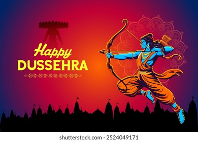 illustration of Lord Rama killing Ravana in Dussehra Navratri festival of India poster