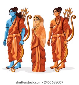 Illustration of Lord Rama, Lakshmana, and Goddess Sita for Dussehra, Diwali, and Navratri Festivals on a white background.