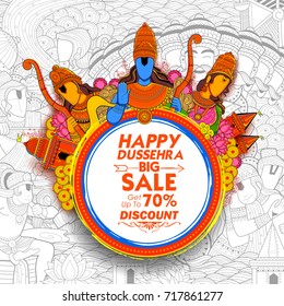 illustration of Lord Rama, Laxmana and Sita Lord Rama in Navratri festival of India for Happy Dussehra Sale Promotion offer