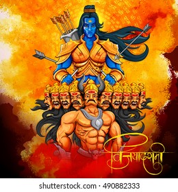 ilustração de Senhor Rama e Ravana em Dussehra Navratri festival da Índia cartaz com texto hindi que significa Vijayadashami