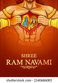 illustration of Lord Rama and Sita in chest of Hanuman with Hindi text meaning Shree Ram Navami celebration background for religious holiday of India