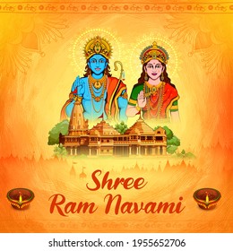 illustration of Lord Rama and Sita with Hindi text meaning Shree Ram Navami celebration background for the religious holiday of India