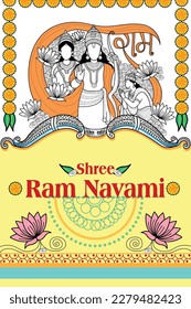 illustration of Lord Rama, Sita, Laxmana, Hanuman and Ravana in Ram Navami with hindi text Jai Shree Ram meaning Hail Lord Ram