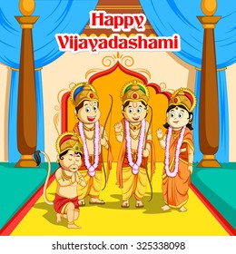 illustration of Lord Rama, Sita, Laxmana and Hanuman in Dussehra poster