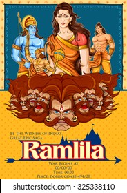 illustration of Lord Rama, Sita, Laxmana, Hanuman and Ravana in Ramlila, epic play poster