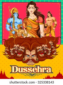 illustration of Lord Rama, Sita, Laxmana, Hanuman and Ravana in Dussehra poster