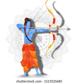 Illustration of Lord Rama taking aim with bow on mandala pattern background.