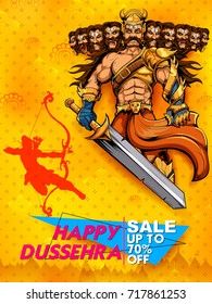 illustration of Lord Rama and ten headed Ravana for Happy Dussehra Navratri sale promotion festival of India