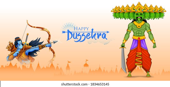 illustration of Lord Rama wearing mask killing Covid Ravana with ten heads of Corona virus for Navratri festival of India on Dussehra showing protection against the pandemic