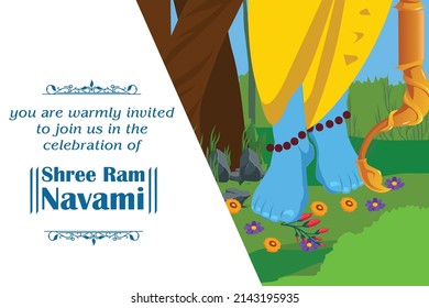 ilustración de los pies de Lord Rama con antecedentes forestales para la celebración de Shree Ram Navami fiesta religiosa de la India