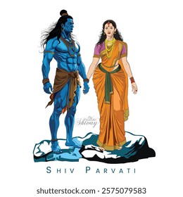 An illustration of Lord Shiv and Parvati, Hand drawing drawing of God Mahadev, Vector art of Hindu religion worship