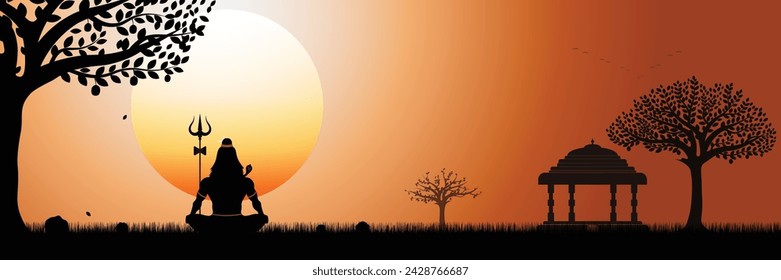 illustration of Lord Shiva meditation pose on natural landscape background. 