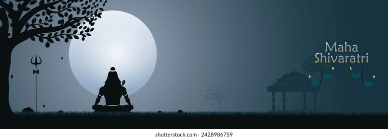 illustration of Lord Shiva meditation pose on full moon light. 