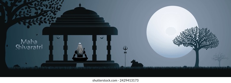 illustration of Lord Shiva meditation pose on full moon light.