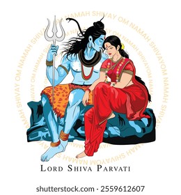 An illustration of Lord Shiva and Parvati, Vector hand-drawn art of Hindu God and Goddess, An image of Hindu Dharma worship