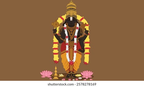 Illustration of Lord Venkateshwara Swami adorned with traditional garlands and surrounded by lotus flowers and divine offerings, symbolizing devotion, prosperity, and spiritual blessings