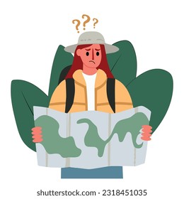 illustration of a lost tourist, young woman with a map in her hand does not know the direction where to go. Vector isolated on a white background.