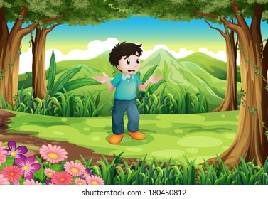 Illustration of a lost young man in the middle of the forest