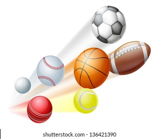 Illustration of a lots of sports ball dynamically flying through the air with motion blur