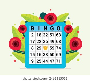 Illustration of a lottery game card, bingo, loto, tombola, decorated with red flowers and green leaves, poster design for organizing events for seniors in retirement homes, spring style with floral de