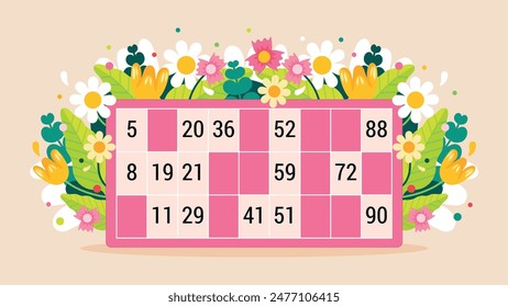 Illustration of a lotto tombola card with a grid of winning numbers, decorated with a bouquet of colorful flowers, a joyful, romantic atmosphere, poster for games for seniors in retirement homes