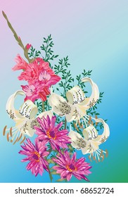 illustration with lotus bouquet on blue background