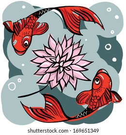 Illustration with lotus and fishes