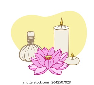 Illustration of a lotus flower, herbal compress, and candles. Symbol of peace and purity, ideal for spa branding, wellness content, packaging, or meditation art.