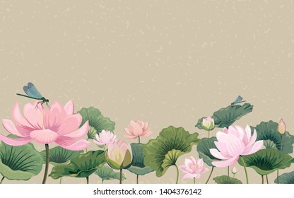 Illustration with lotus flowers and dragonflies