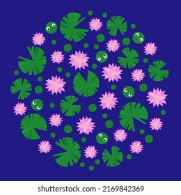 Illustration of the lotus flowers, leaves and frog