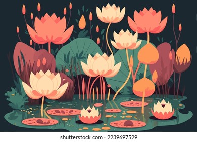 illustration of lotus lily water flower and leaf on water lake or pond nature background wallpaper