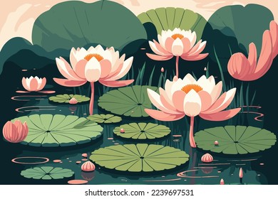 illustration of lotus lily water flower and leaf on water lake or pond nature background wallpaper