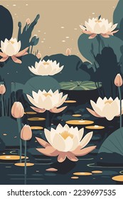 illustration of lotus lily water flower and leaf on water lake or pond nature background wallpaper