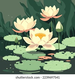 illustration of lotus lily water flower and leaf on water lake or pond nature background wallpaper