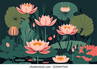 illustration of lotus lily water flower and leaf on water lake or pond nature background wallpaper