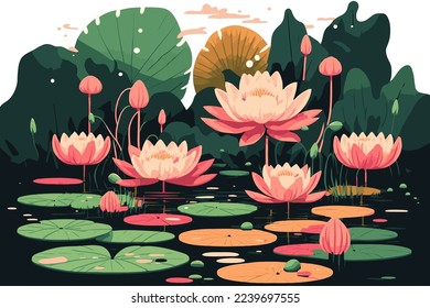 illustration of lotus lily water flower and leaf on water lake or pond nature background wallpaper