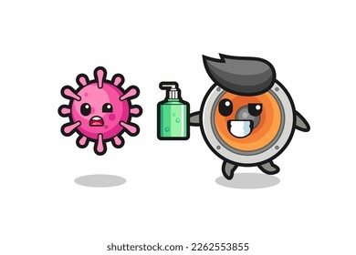 illustration of loudspeaker character chasing evil virus with hand sanitizer , cute style design for t shirt, sticker, logo element