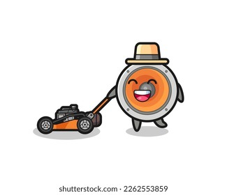 ilustración del personaje del altavoz usando cortadora de césped , diseño de estilo lindo para camiseta, pegatina, elemento logotipo