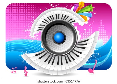 illustration of loudspeaker with piano keypad on abstract musical background
