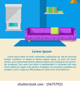 Illustration of lounge. Flat vector illustration of lounge with purple sofa and blue walls.