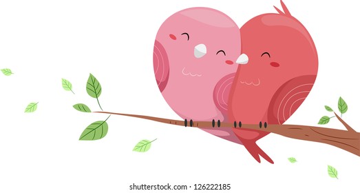 Illustration of Love Birds perched on a branch of a Tree forming a Heart-like Shape