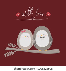 Illustration of Love Birds perched on a branch of a Tree getting closer to each other, flat illustration.