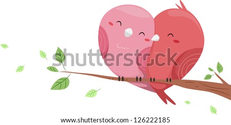 Illustration of Love Birds perched on a branch of a Tree forming a Heart-like Shape 商業照片 © 