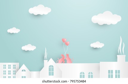 illustration of love with cats and balloons. Romantic couple of two loving cats in city on the roof. Cute cats on the roof in the valentine day. paper art style. vector. illustration.